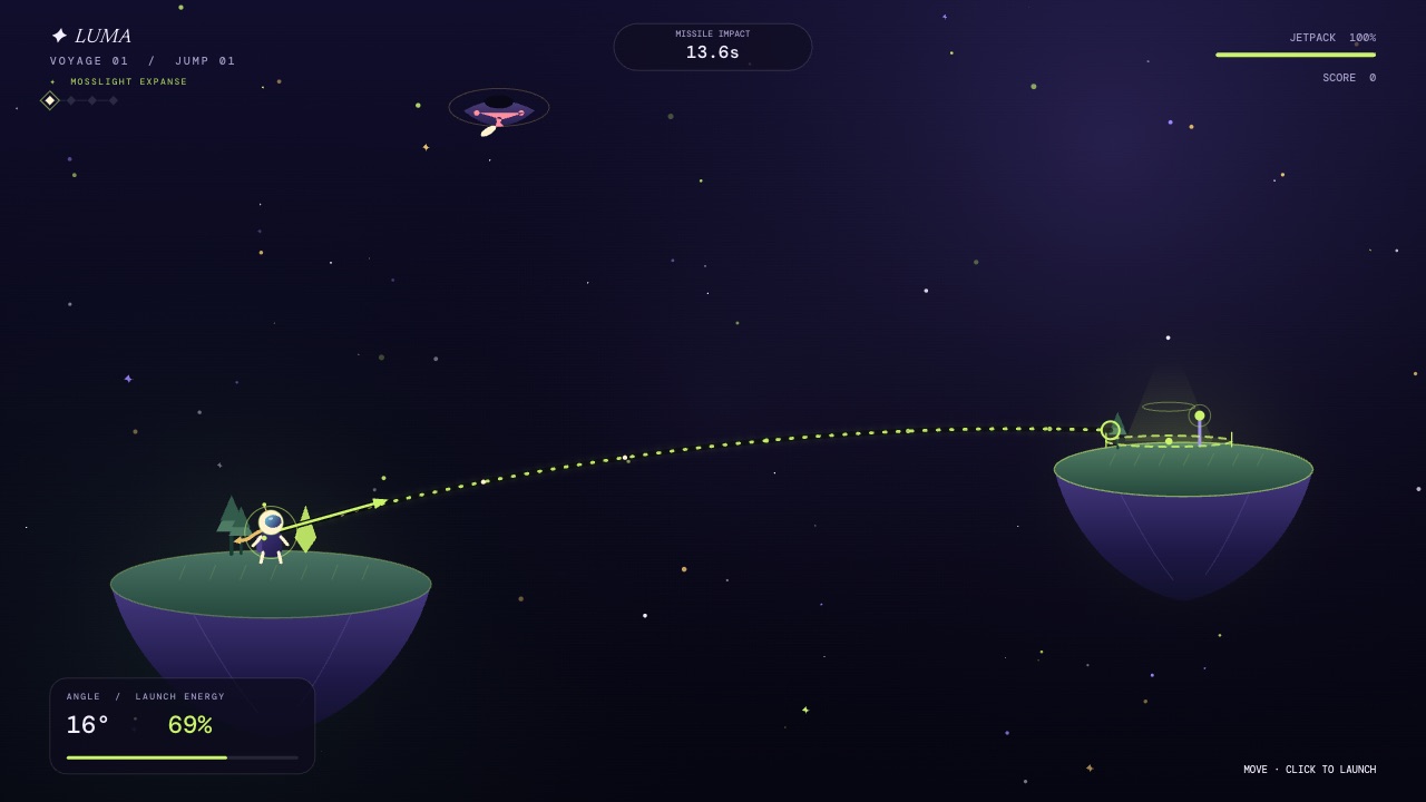Homeward Orbit: a small astronaut on a floating island plots a dotted lime trajectory arc towards a distant world, under a missile countdown.