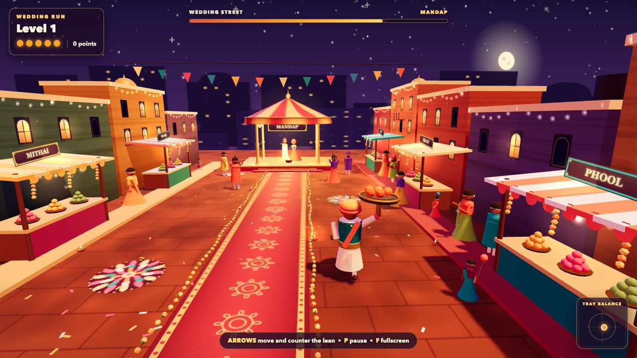 Wedding Laddu: Ramu carries his tray of laddus down a wedding street at dusk, past mithai and phool stalls, towards the glowing mandap.